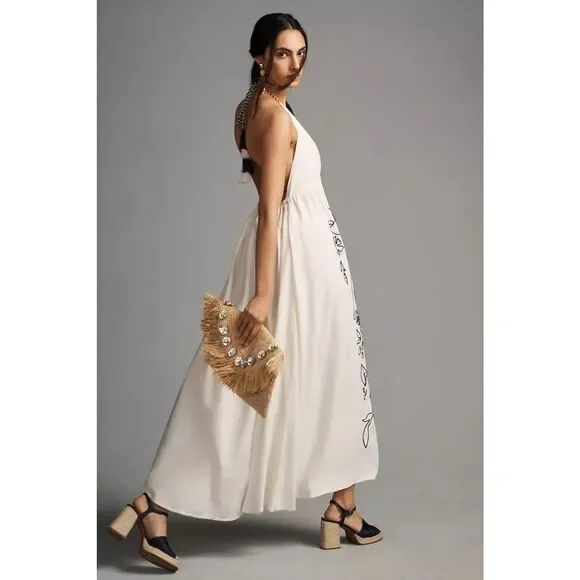 New Farm Rio Embroidered Halter Dress Linen Anthropologie Maxi Backless Size M Dresses New Farm Rio Embroidered Halter Dress Linen Anthropologie Maxi Backless Size M Dresses